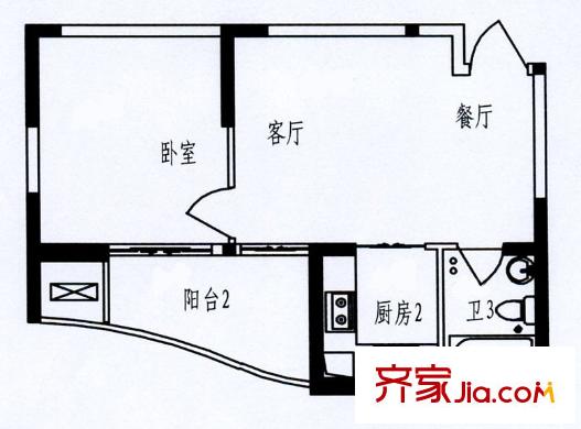 奕淳・奕翔国际公寓B2户型 1室2厅1卫1厨