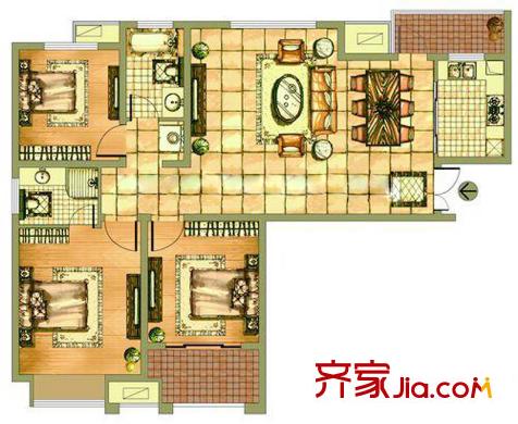 海天・紫郡D1户型图 3室2厅2卫1厨