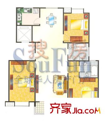 名园臻舍户型图B1 3室2厅2卫1厨