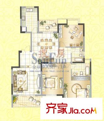 金色江南三期户型图D1b 3室2厅2卫