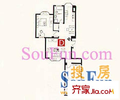 吉庆名都户型图D户型温馨居室 2室2厅1卫1厨