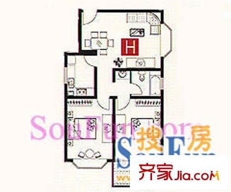 吉庆名都户型图H户型雍容之家 2室2厅1卫1厨