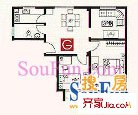 吉庆名都户型图G户型单身贵族 3室1厅1卫1厨