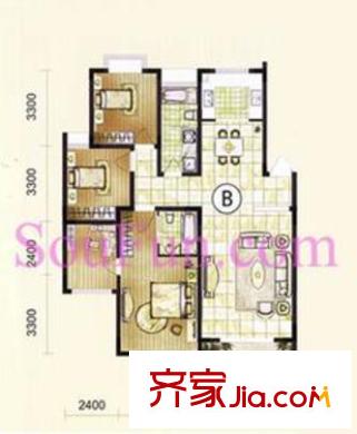 盛岸花园三期户型图B户型 3室2厅2卫1厨