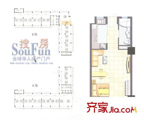 SOHO国际户型图B2平层 1室1厅1卫1厨