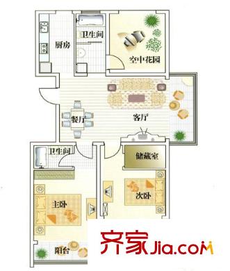 华夏春晓户型图二期E户型 3室2厅2卫