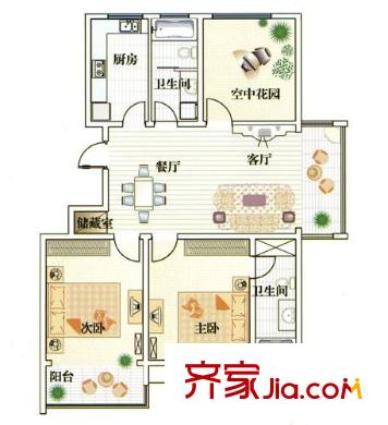 华夏春晓户型图二期A户型 3室2厅2卫