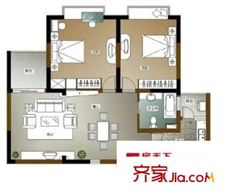 金领嘉园户型图两室两厅一卫 2室2厅1卫1厨