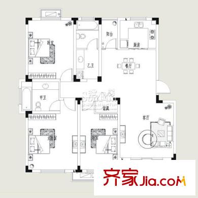 四季花城户型图C户型 3室2厅2卫1厨