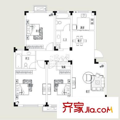 四季花城户型图D户型 3室2厅2卫1厨