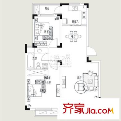 四季花城户型图B户型 2室2厅1卫1厨