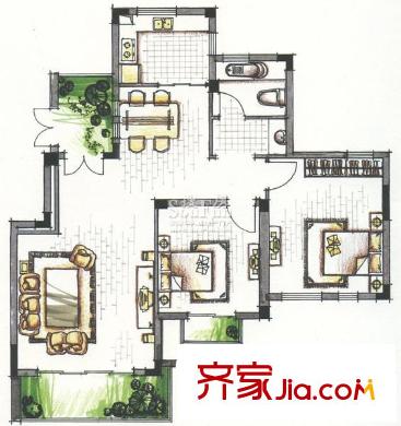 奕淳・蓉湖山水一期高层A2号楼 B-A3-3户型 2室2厅1卫