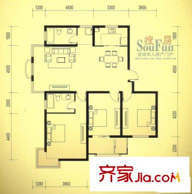 king紫金门户型图A 3室2厅2卫1厨