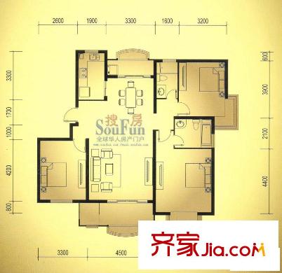 king紫金门户型图B 3室2厅1卫1厨