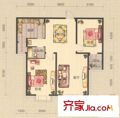 king紫金门户型图E 2室2厅2卫