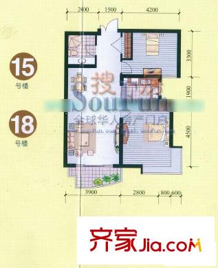 中大颐和湾户型图15、18号楼 2室2厅1卫