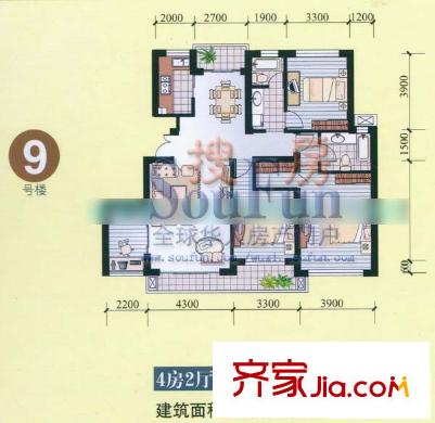 中大颐和湾户型图9号楼 3室2厅2卫