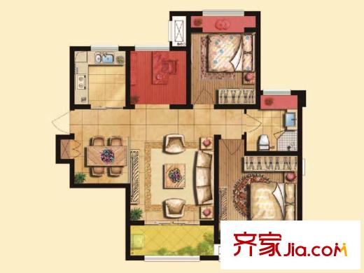 复地公园城邦C3户型 3室2厅1卫1厨