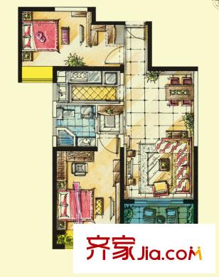 首创悦府A1b户型 2室2厅1卫1厨