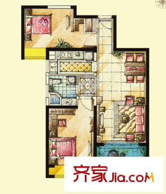 首创悦府A1a户型 2室2厅1卫1厨