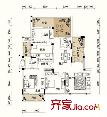 金科东方王榭户型图二期15、16、19号楼HC4-a户型图 3室2厅2卫1厨