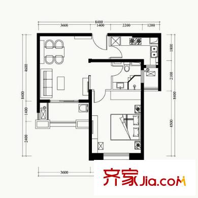爱家金河湾精装修MINI E2-3户型 1室1厅1卫