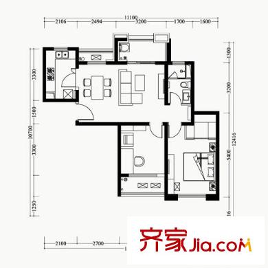 爱家金河湾精装修MINI E1户型 2室2厅1卫