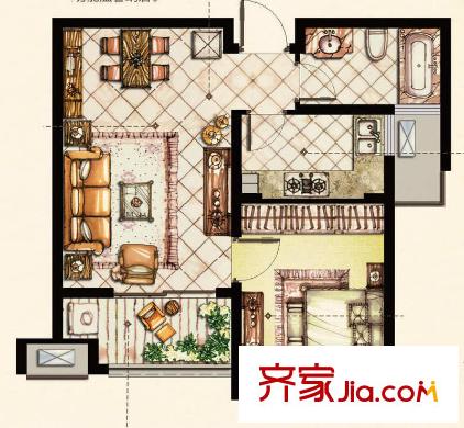 水岸观邸Ga2户型 1室2厅1卫1厨
