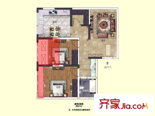 龙泽半岛逸湾D1户型 2室2厅1卫1厨