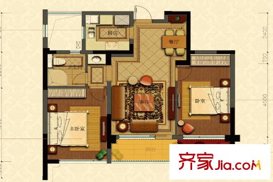绿城玉兰西花园E2户型 2室2厅1卫1厨