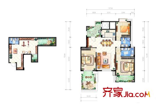 花样年花郡花间叠墅3层户型 3室2厅2卫1厨