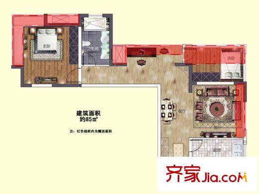 龙泽半岛逸湾D2户型 2室2厅1卫1厨