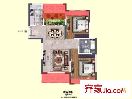龙泽半岛逸湾A1户型 2室2厅1卫1厨
