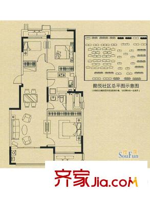 魅力万科城酩悦宽景洋房G户型 3室2厅1卫1厨