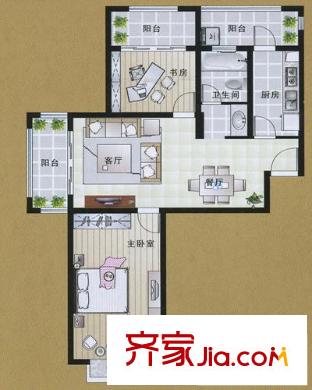 空港一号花园G8-1户型 2室2厅1卫1厨