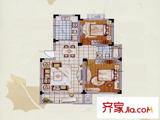 溪畔橡园A2户型 2室2厅1卫1厨