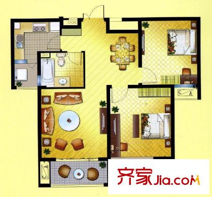 君域豪庭D户型 2室2厅1卫1厨