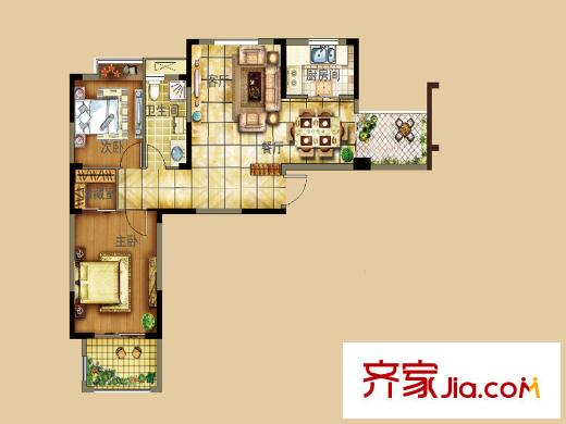 君域豪庭三期D户型 2室2厅1卫1厨