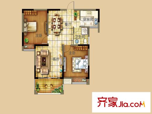 君域豪庭三期E户型 2室2厅1卫1厨