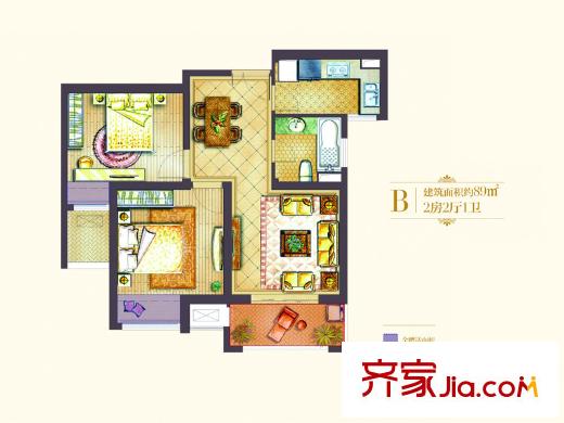 世茂国际广场B户型 2室2厅1卫1厨