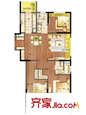 朗诗绿色街区20#124户型 3室2厅2卫1厨