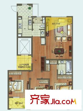 朗诗绿色街区23#129户型 3室2厅2卫1厨