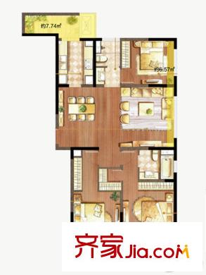 朗诗绿色街区16#124户型 3室2厅2卫1厨