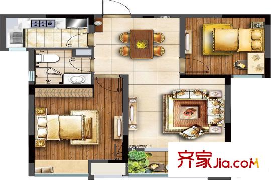 米娅公馆B户型 2室2厅1卫1厨