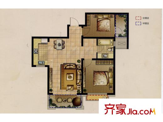 嘉盛维纳阳光G户型 2室2厅1卫1厨
