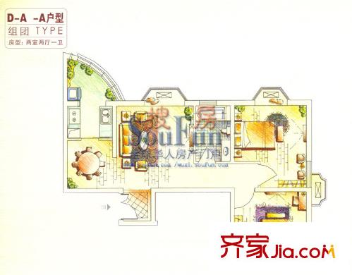 银仁御墅花园D-A-A户型 2室2厅1卫