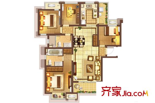 富力城三房户型 3室2厅2卫1厨