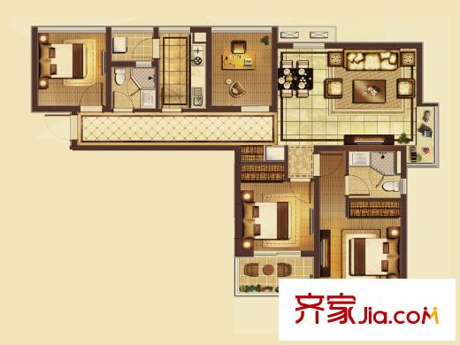 富力城四房户型 4室2厅2卫1厨