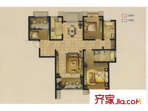 嘉盛维纳阳光E户型 3室2厅2卫1厨