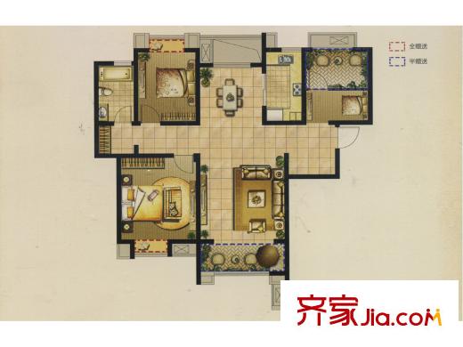 嘉盛维纳阳光F户型 3室2厅1卫1厨
